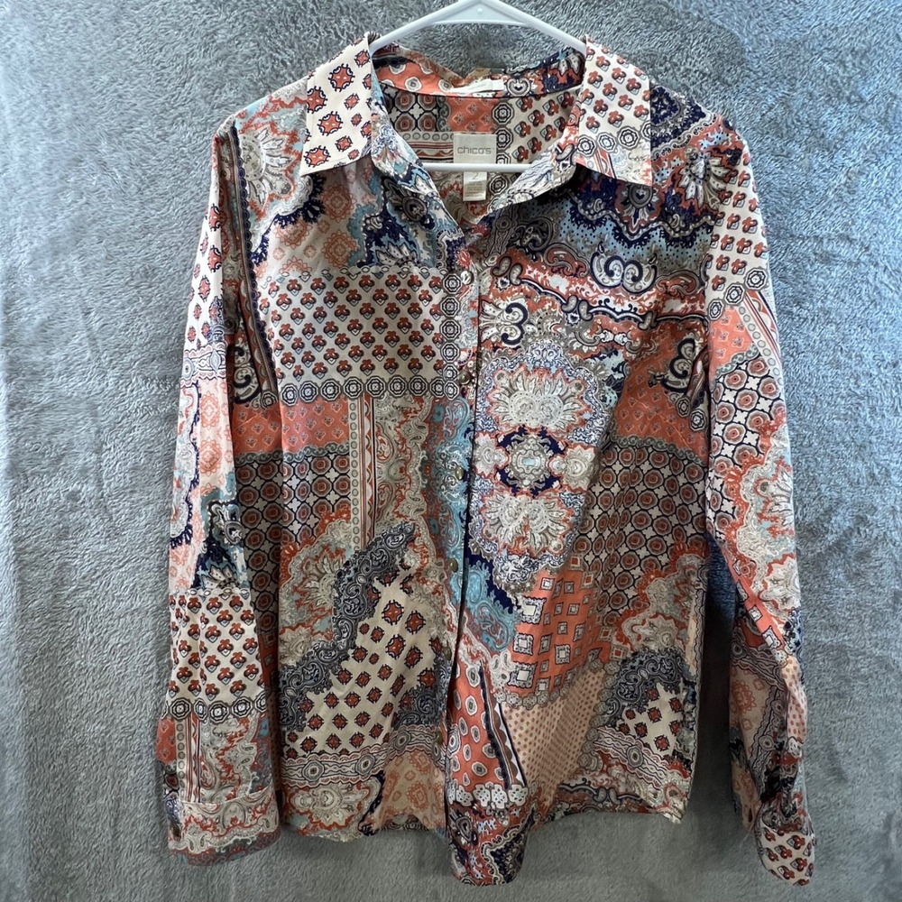 Chico's Size 2 Paisley Patchwork Button Down Shir… - image 2